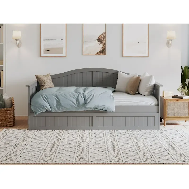 Twin Wood Daybed with Trundle - Beadboard Design, 600lbs Capacity, White/Walnut/Grey/Toffee, No Box Spring Needed