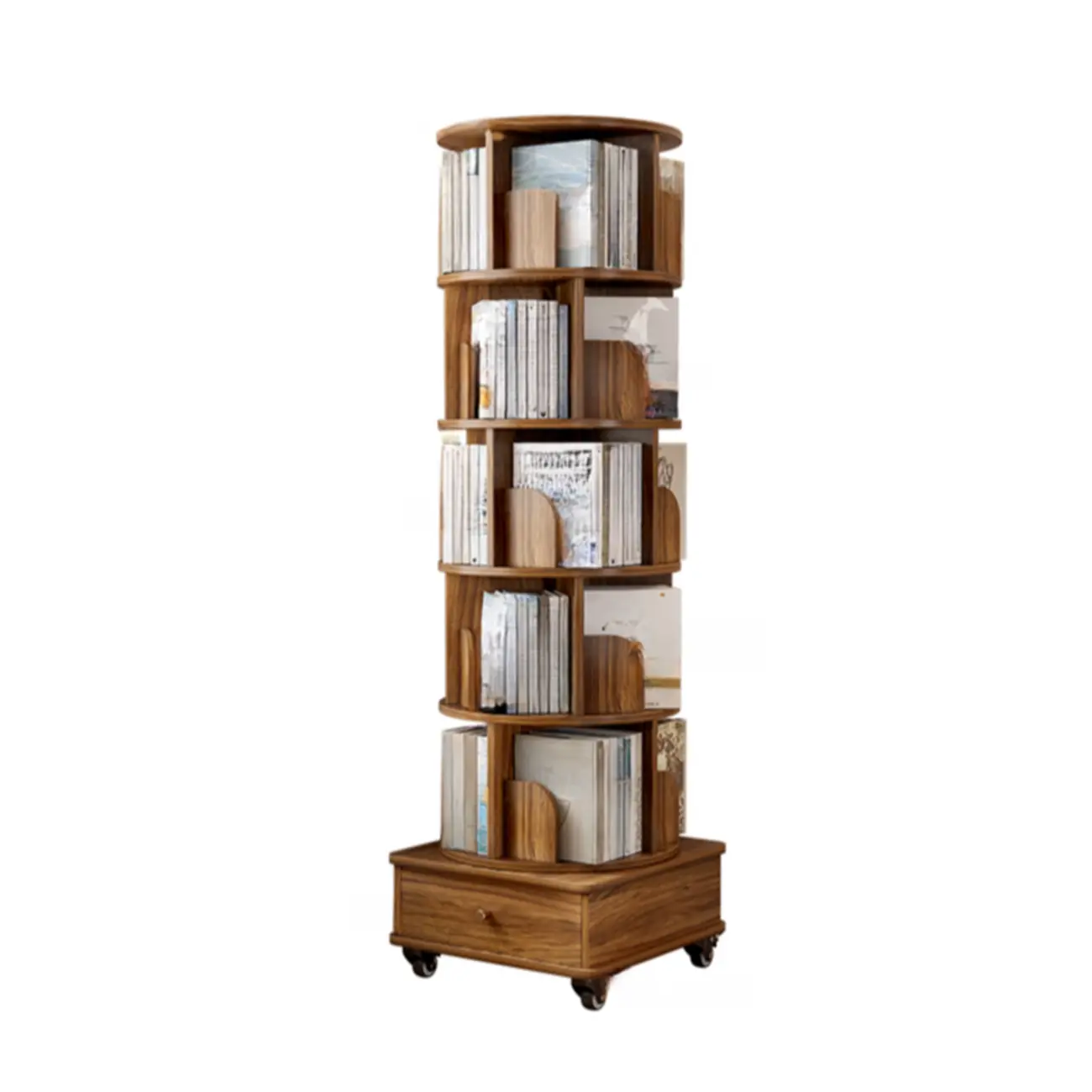 Narrow Wood 5-Tier Revolver Sliding Bookcase with Drawer