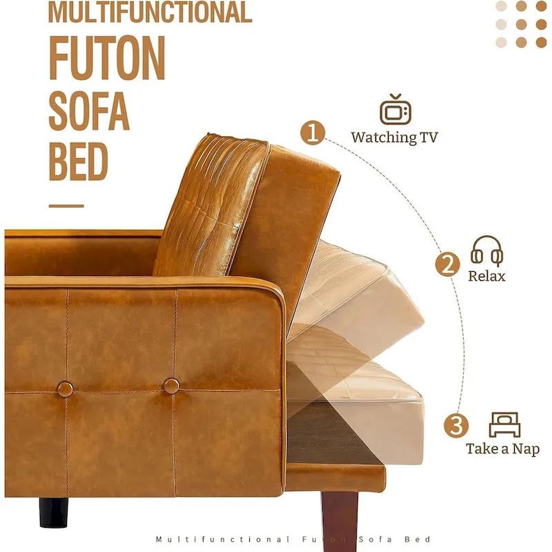 Faux Leather Futon Sofa Bed Sleeper Couch, Mid Century Button Tufted Upholstered Convertible Sofa Bed with Wooden Legs