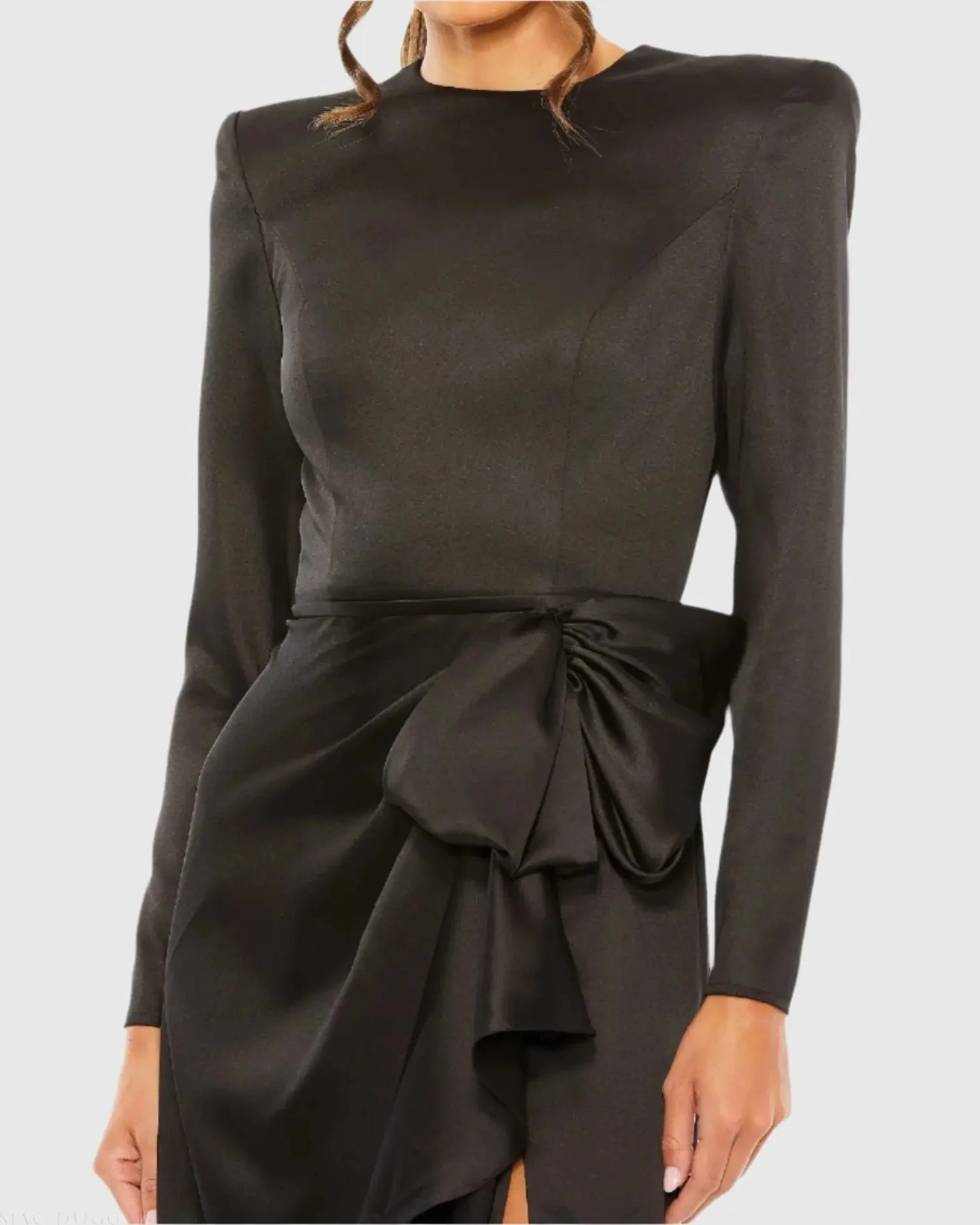 Black Long Sleeve Satin Structured Bow Draped Column Gown