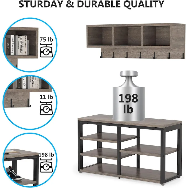 Industrial Entryway Shoe Bench and Wall-Mounted Coat Rack Set, Rustic Brown