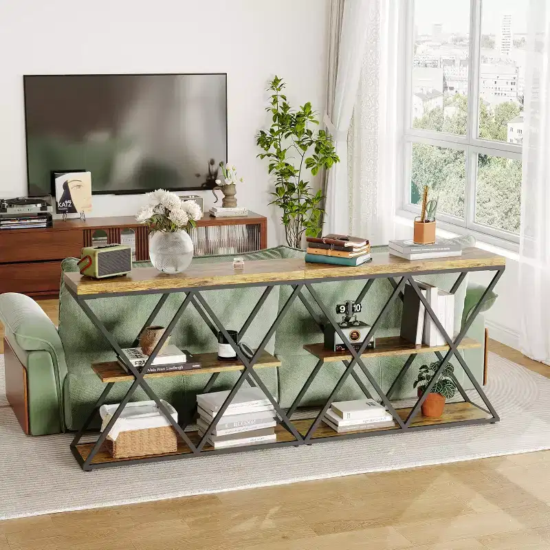 3-Tier Industrial Console Table with X-Frame & Open Shelves Rustic Brown Entryway Accent Table for Foyer