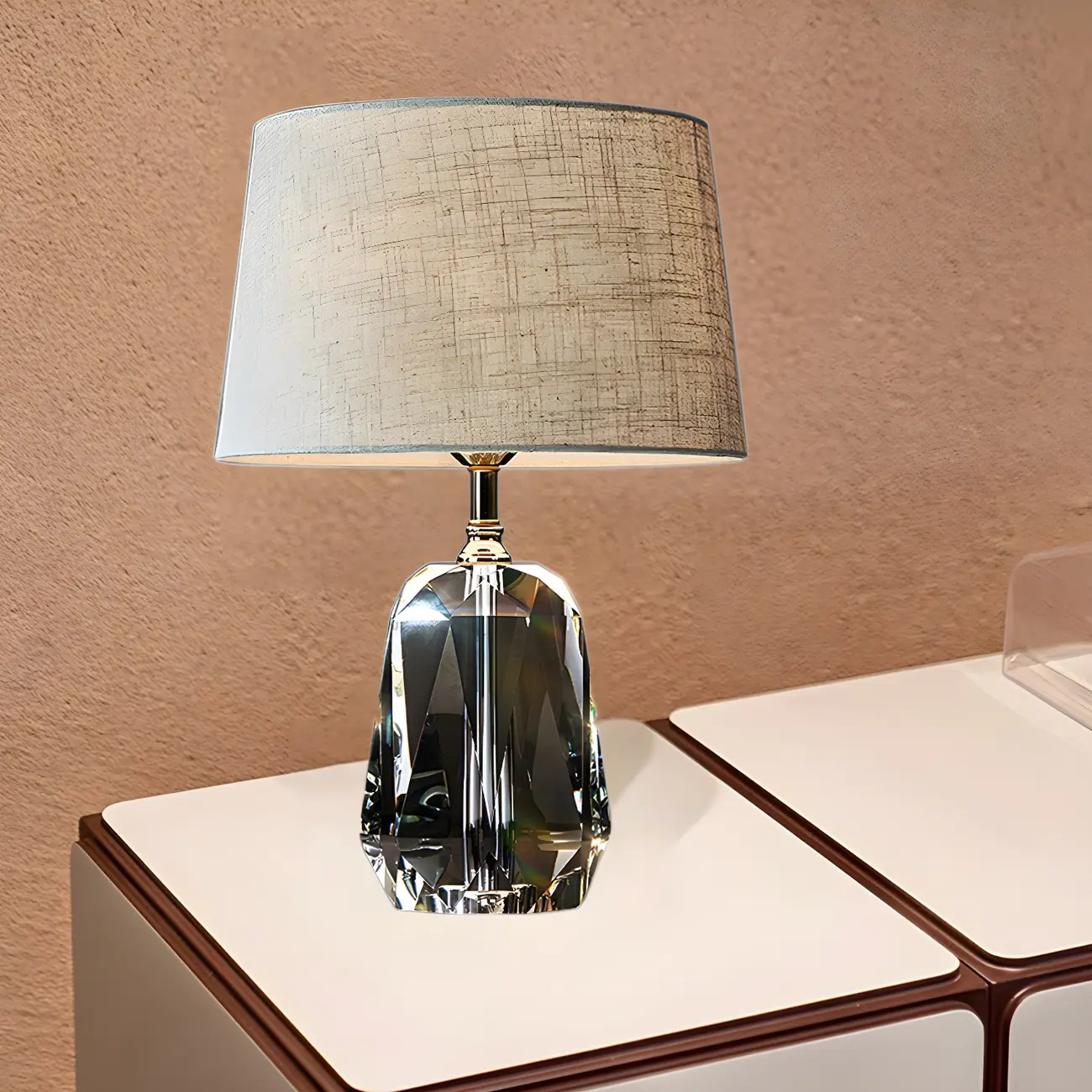 Elegant Cylindrical Crystal Base Table Lamp with Linen Shade