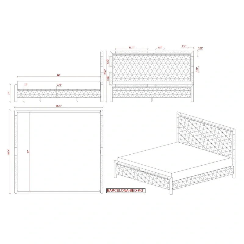 Somette Barry Upholstered Bedroom Set with Bed, Buffet & Lamp Table