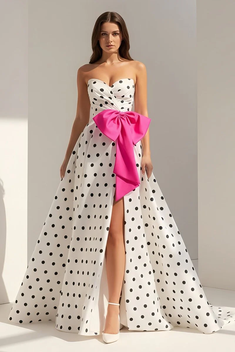 Fuchsia Strapless A Line Polka Dots Satin Long Prom Dresses With Bow