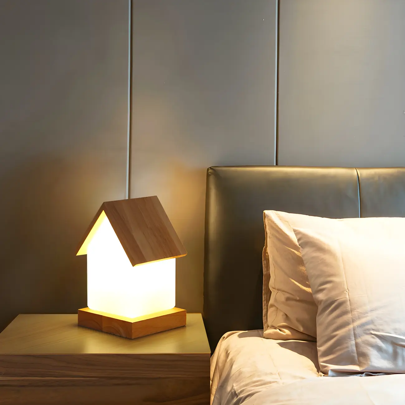 Creative House-Shaped Wooden Bedside Lamp