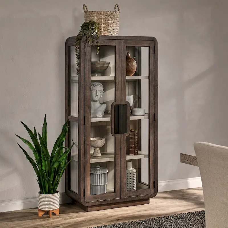 Brown Reclaimed Pine Display Cabinet with Glass Doors, 1-Person