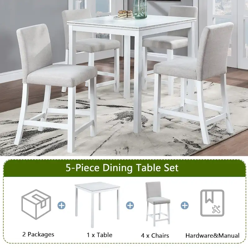 5 Pcs Counter Height Dining Table Set, Wooden Diningroom Furniture Set with Square Table and 4 Upholstered Chairs
