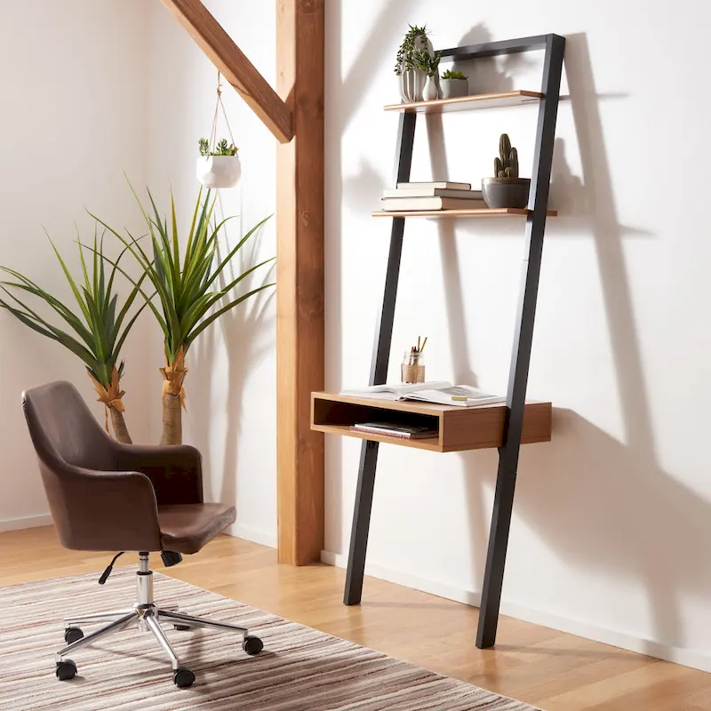 2-Shelf Leaning Desk – Black / Honey Brown / Natural, Charcoal Frame