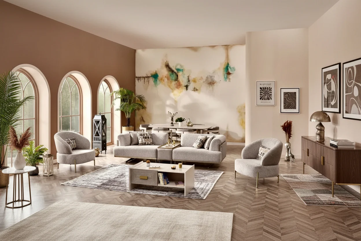 Cream 3-Piece Living Room Set, Fabric Sofa & 2 Armchairs, Seats 3
