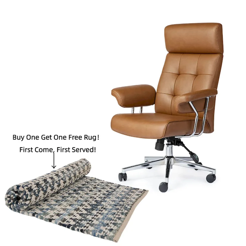 Glitzhome Mid-Century Modern Brown Leatherette Gaslift Adjustable Swivel High Back Office Chair with Armrest