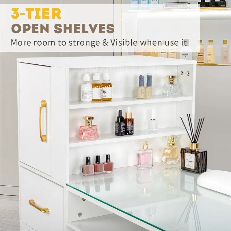 Embossed Particle Board Tempered Glass 55 W Manicure Table