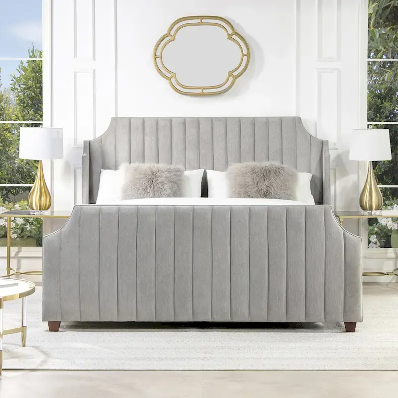 Cloud White / Silver Grey Velvet & Polyester Channel Tufted King Panel Bed, 2-Person
