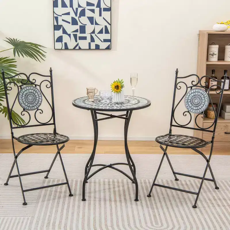 Costway 3pcs Patio Bistro Set Mosaic Pattern Heavy-Duty Metal Dining Folding Outdoor