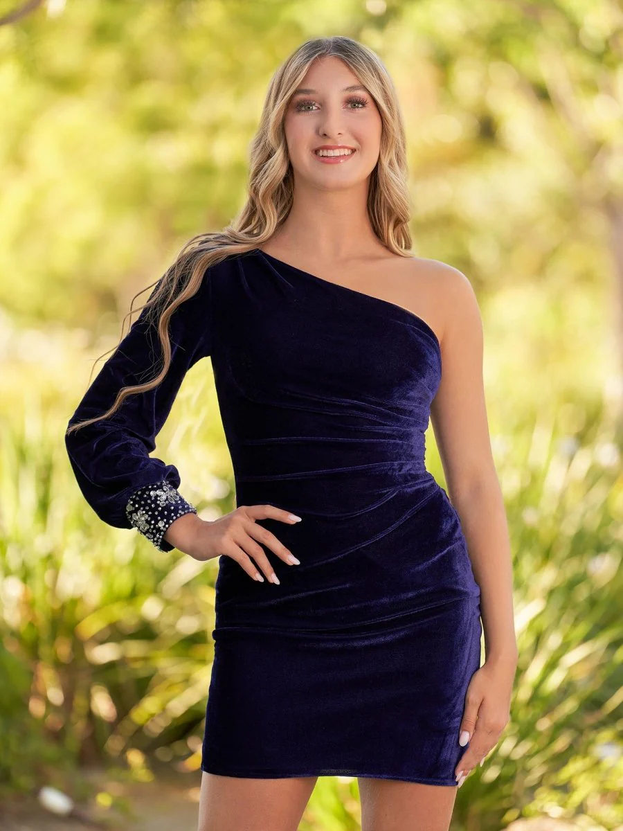 Navy Blue Sheath One-Shoulder Long Sleeve Homecoming Dress
