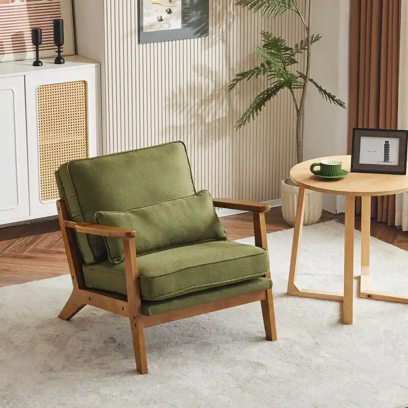Upholstered Linen Blend Accent Chair with Wooden Legs and Pillow, Beige