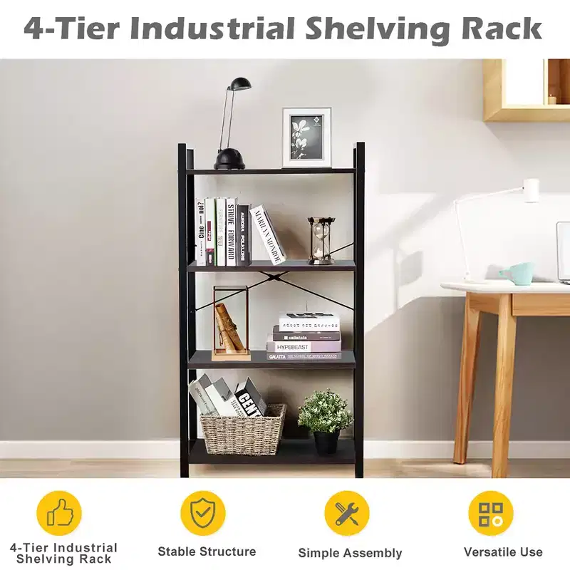 Costway 4-Tier Bookshelf Industrial Bookcase Diaplay Shelf Storage Rack Rustic Brown\Black
