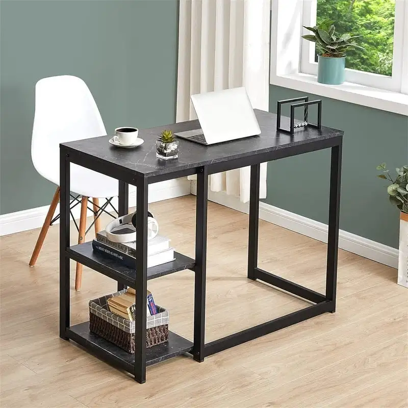 White / Black Marble / Oak / Brown / White Marble 2-Tier Computer Desk with Shelves – Modern Style, Home Office Use