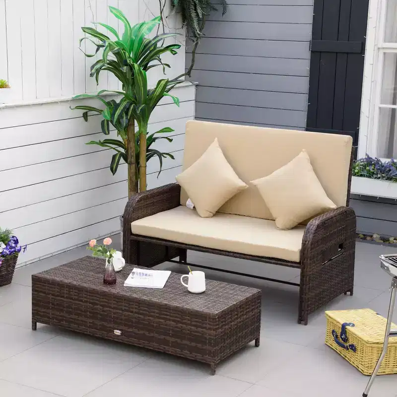 Patio Rattan Daybed with Cushions, Wicker Outdoor Bed Lounger w/ Loveseat, Storage Ottoman & Side Tables, for Poolside, Porch