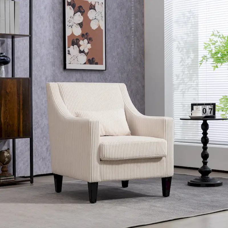 Beige Upholstered Accent Arm Chair with Scooped Arms and Rubber Wood Legs