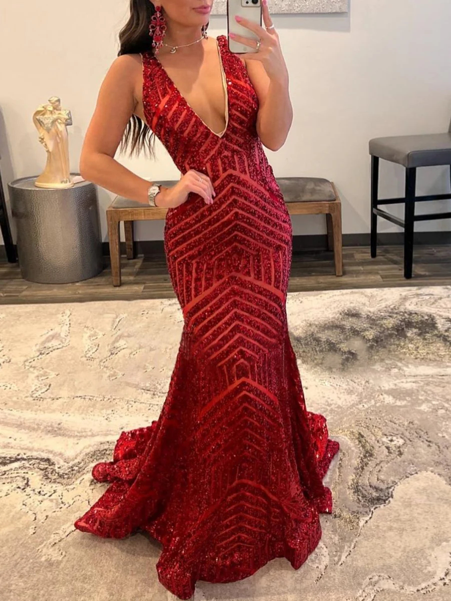 Deep V Neck Pink Sequins Mermaid Long Prom Dress