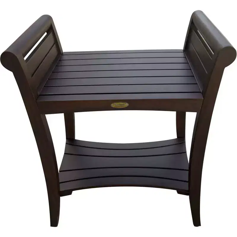 HomeRoots Rectangular Teak Shower Bench With Shelf And Handles In Brown Finish