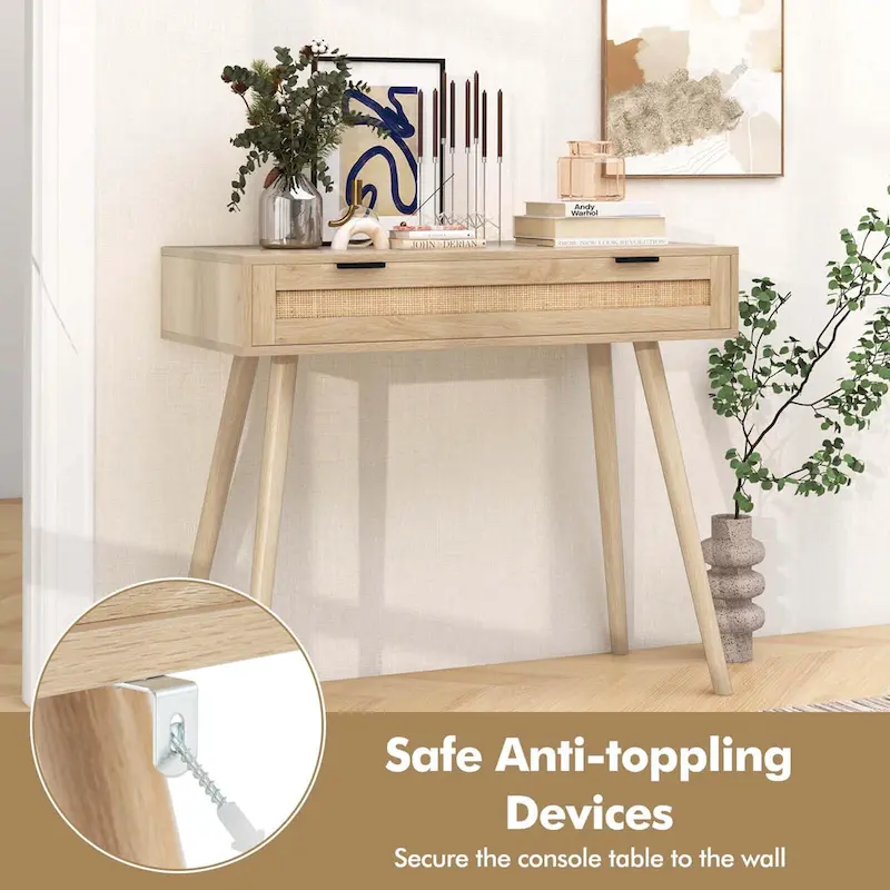 Costway Rattan Console Table with Pull-out Drawer Boho Style Entryway - See Details