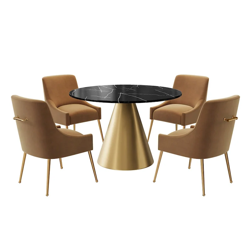 Clihome 5 Piece Black Marble Top Table with Velvet Dining Chair Set