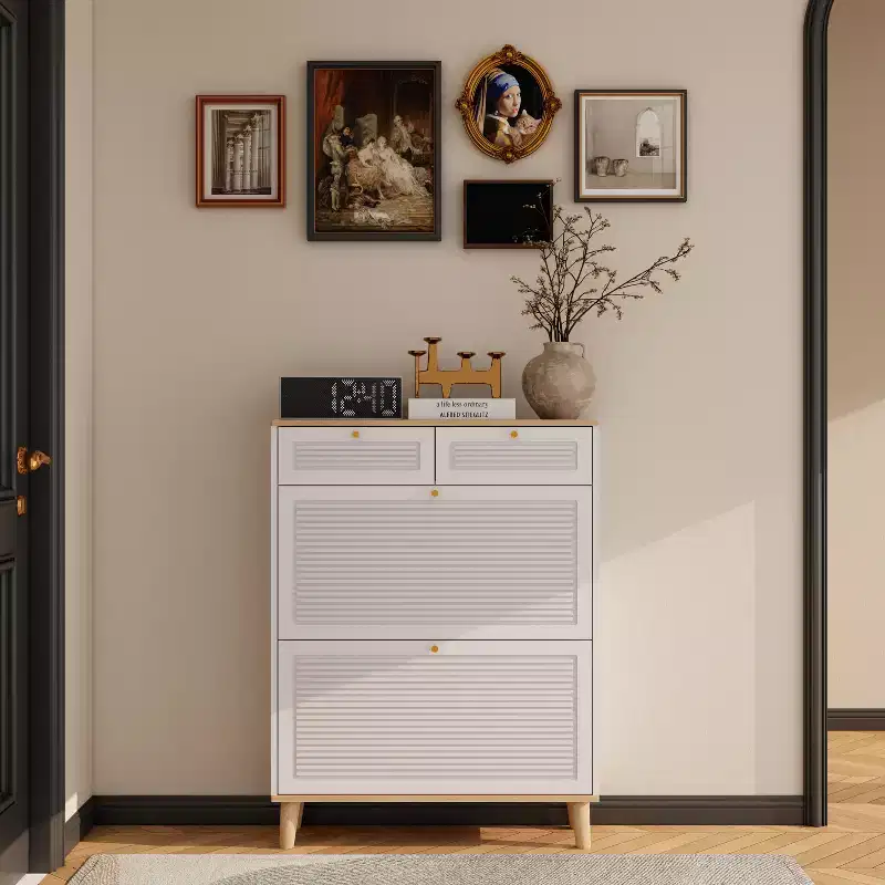 GDFStudio Roger Freestanding 2 Flip Doors Wood Shoe Cabinet with Adjustable Shelf and 2-Drawer