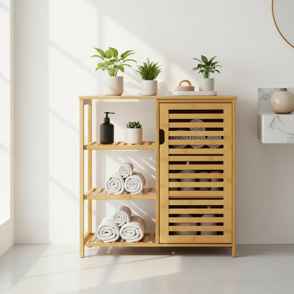 Bathroom Cabinet Bamboo Storage Cabinet with Doors and 3 Side Shelves - 6.3D x 14.4W x 36H