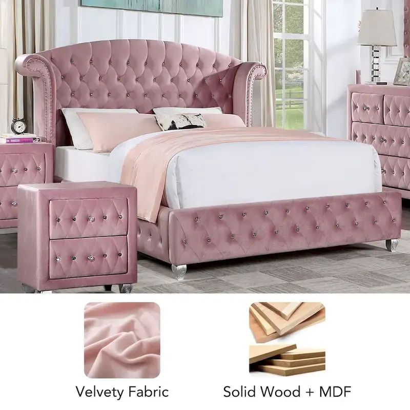 Pink Tufted Wingback Bed with Nailhead Trim