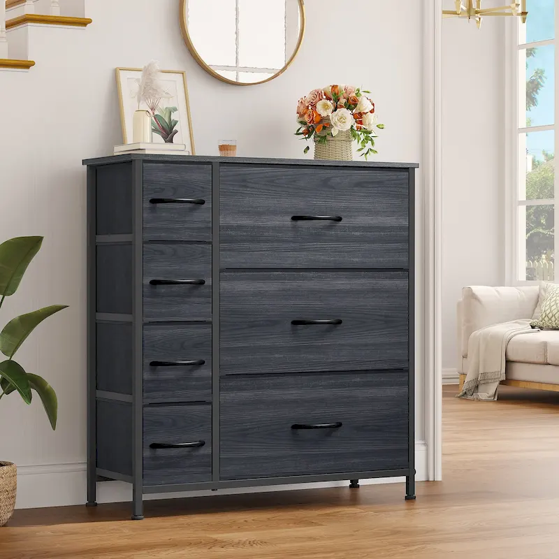 7-Drawer Fabric Dresser with Wood Top | Black Wood Grain / Light Gray / Dark Gray | 1–2 Person