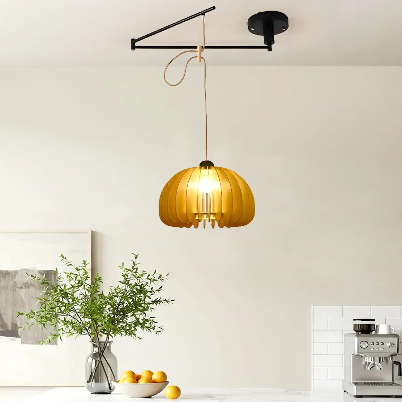 Modern Flexible Round Pendant Light in Solid Wood and Metal