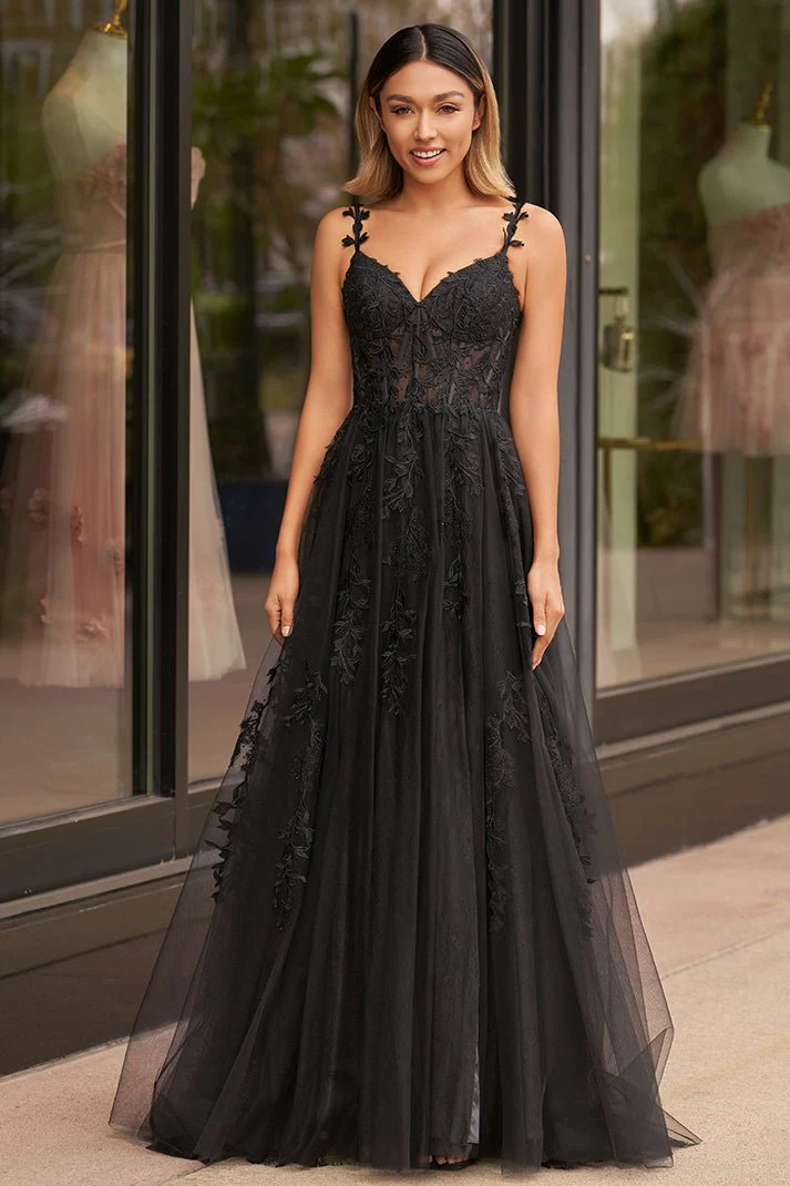 A-line V Neck Lace Tulle Prom Dress With Slit