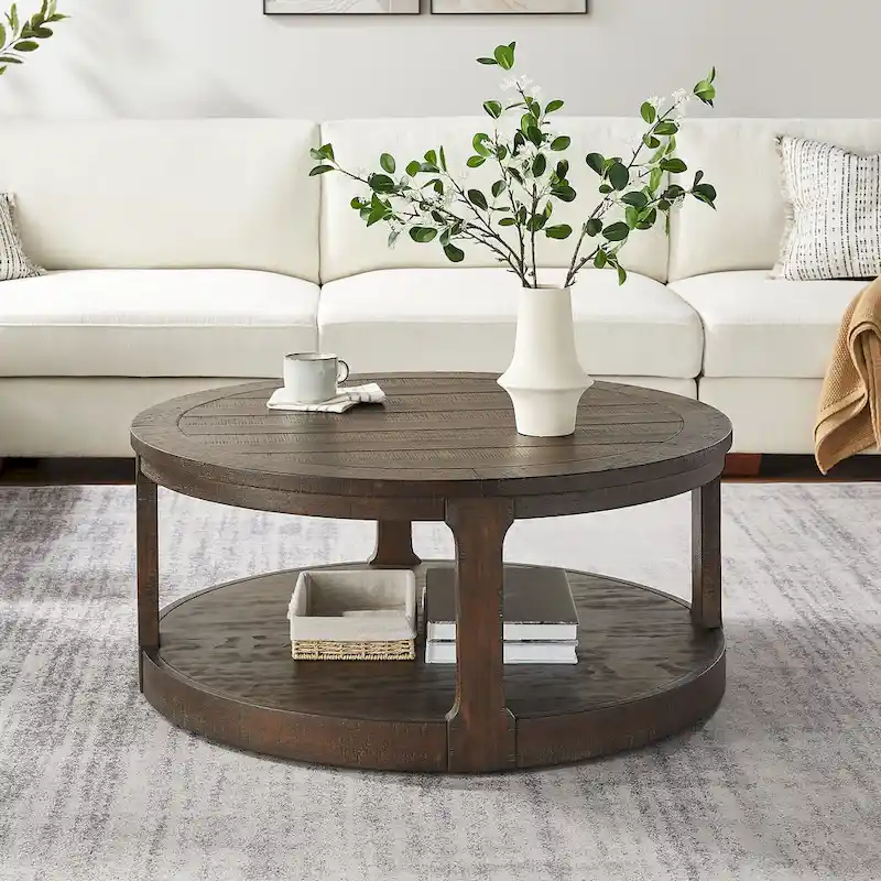 40 Modern 2-Tier Round Coffee Table with Wood Grain Top and 4 Wheels at the Bottom, Suitable for Living Room, Bedroom, Office