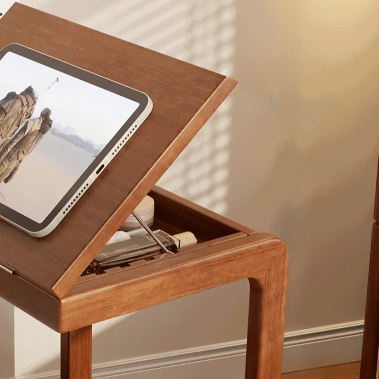 Adjustable Tabletop Wood C Shaped Side Table with Wheels