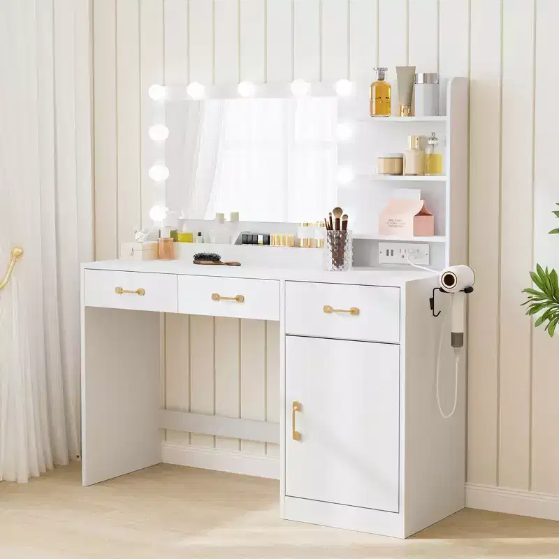 COZONY Makeup Vanity Table with Mirror, LED Bulbs & Power Outlet, Modern Dressing Table with 3 Drawers & Storage Shelves for Bedroom , White