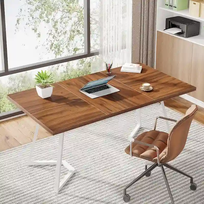 Home Office Computer Desk, White Gold 55 In Faux Marble Executive Desk