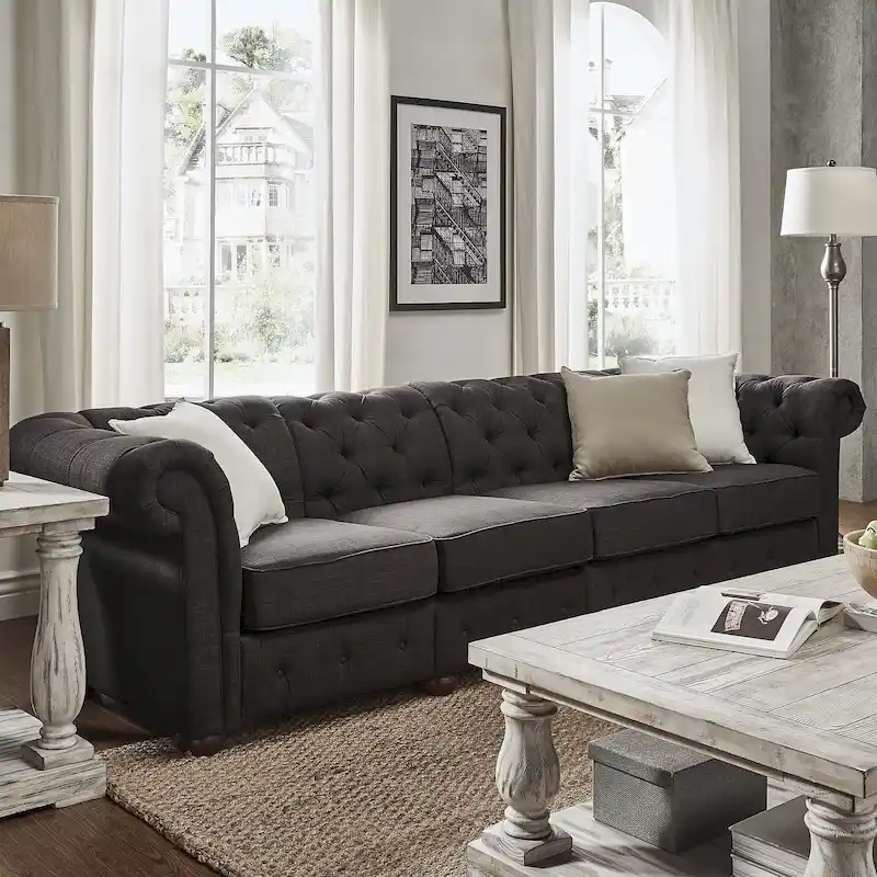 Dark Grey Linen / Velvet Chesterfield Sofa – 4, 5 or 6 Seat