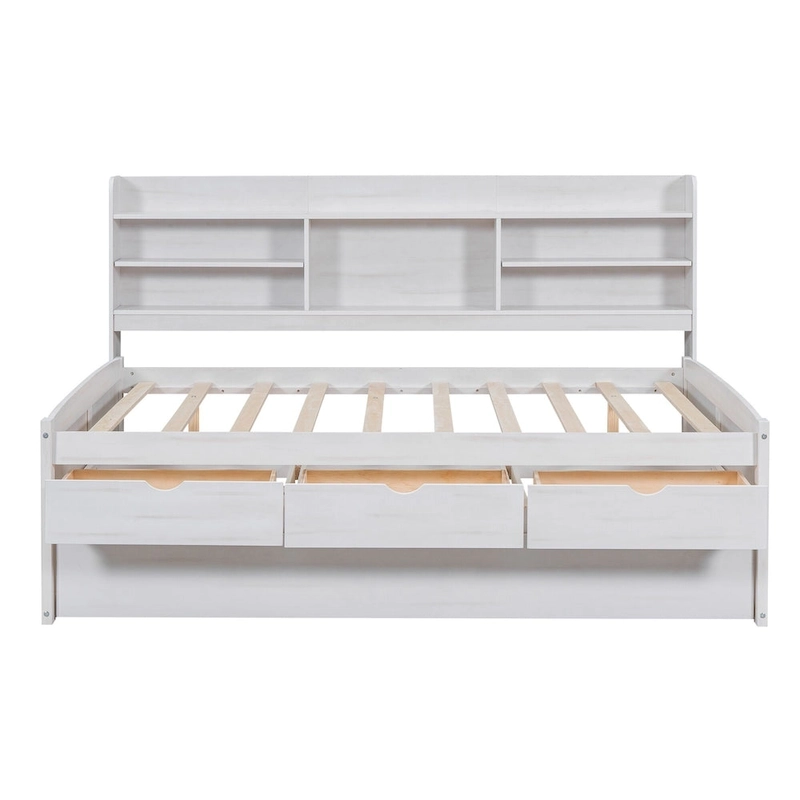 Full Pine Captain Bed with Shelves, Drawers & Trundle