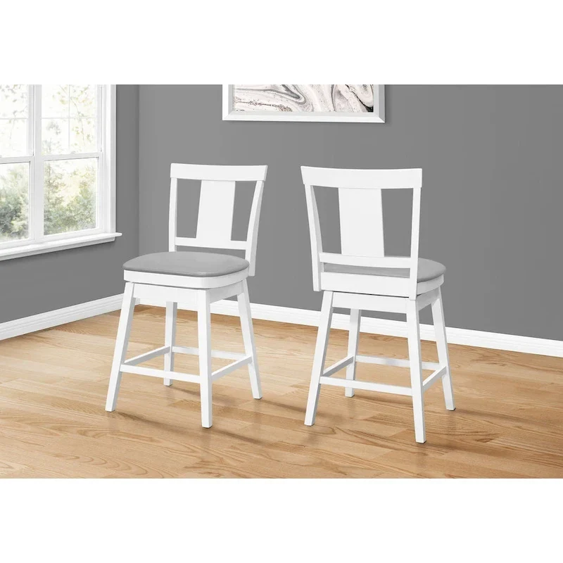 Set of 2 Counter Height Swivel Bar Chairs with Full Back, Grey Faux Leather, White Wood Base