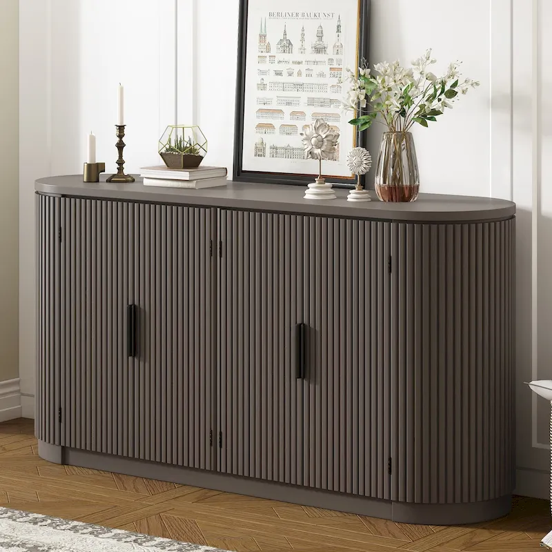 Vertical Striped Door Storage Cabinet with Metal Handles, Adjustable, Suitable for Study, Entryway and Living Room