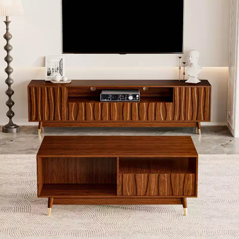 ATJafurn Wood TV Stand and Coffee Table Set Mid-Century Modern Entertainment Center with Storage and Drawer for Living Room Media Console Up to 75 TV