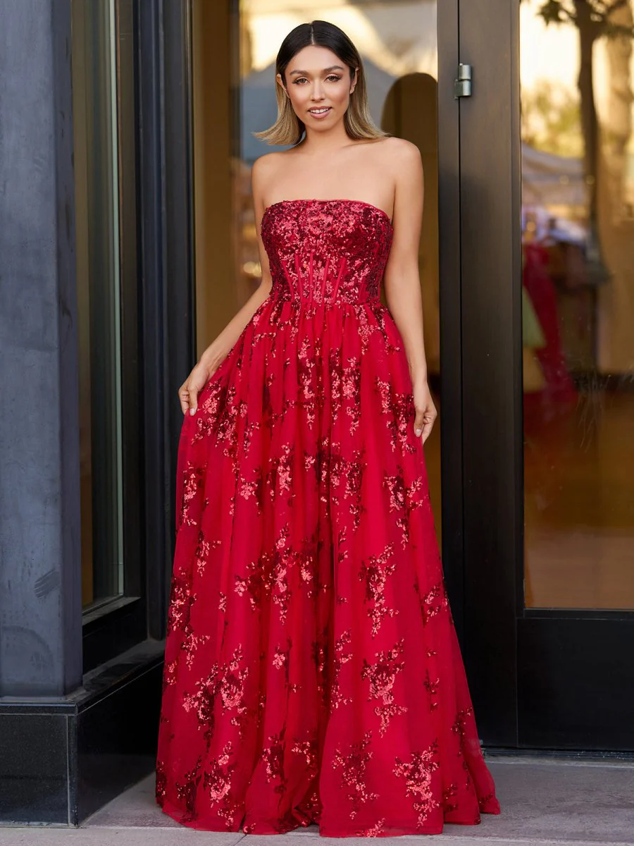 Red - A Line Strapless Pleating Long Prom Dress With Applique