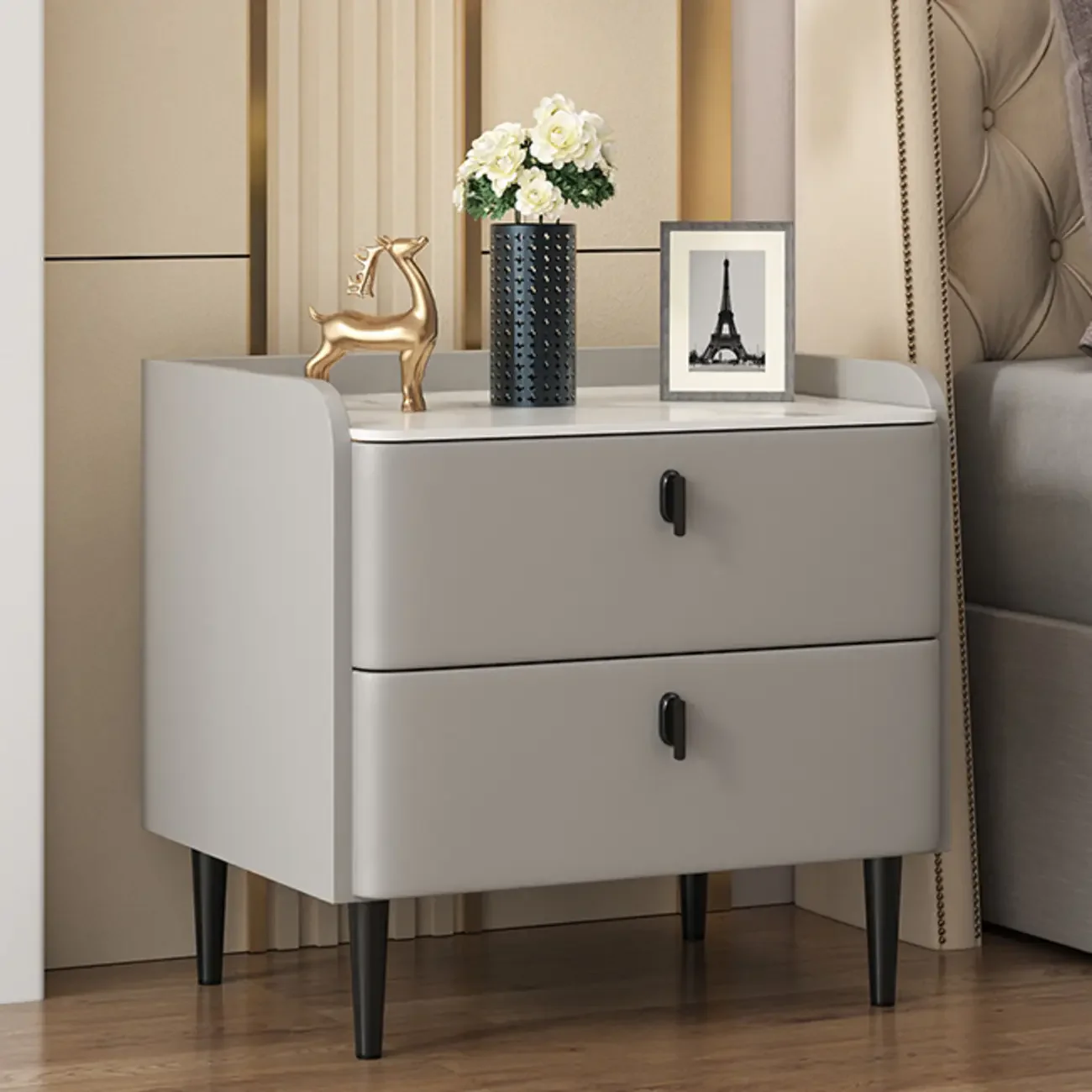 Trendy Stone Leather Gold Accents 2-Drawer Nightstand