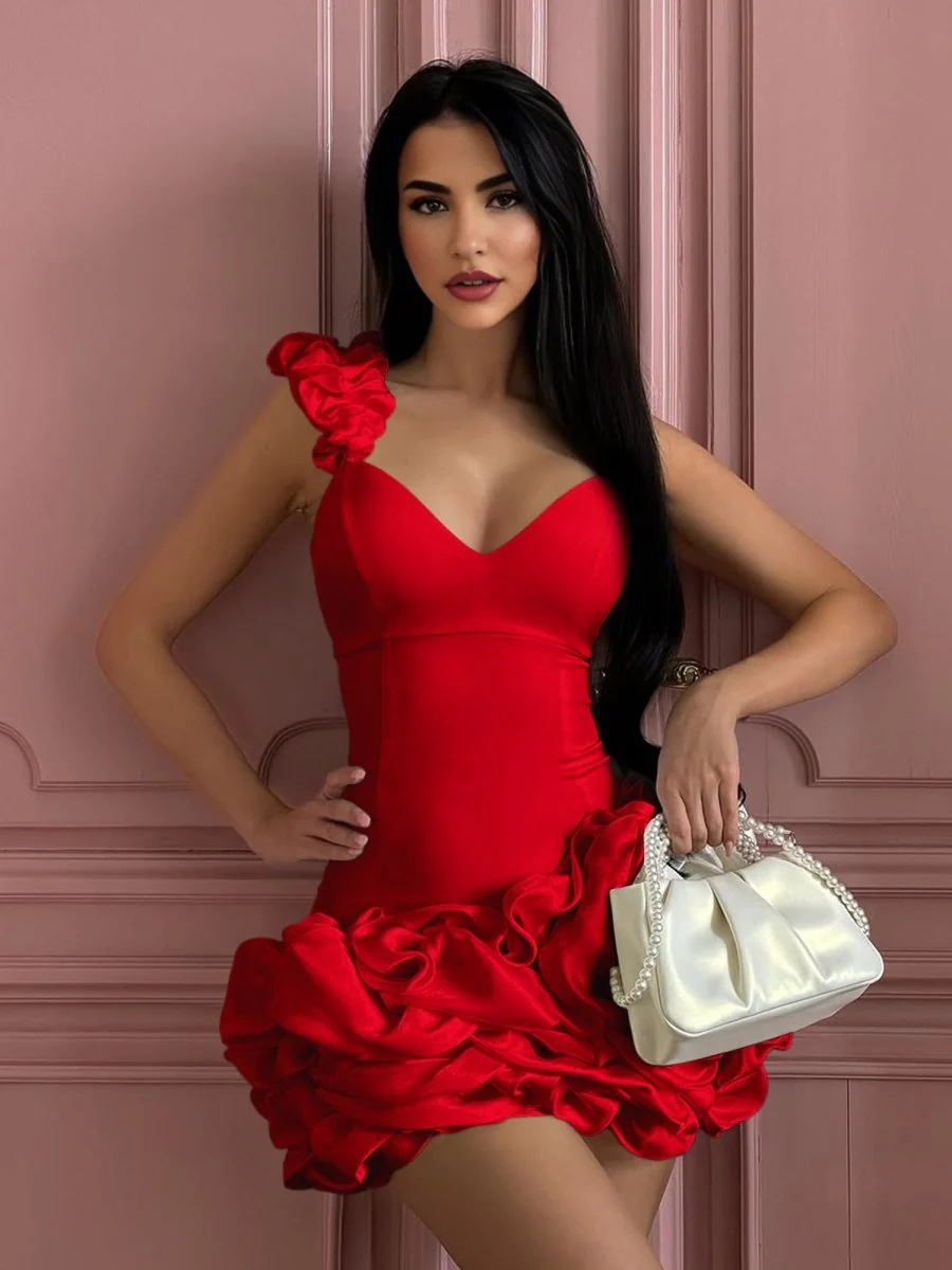 Red - Sheath Spandex Ruched V Neck Homecoming Dresses with Ruffles