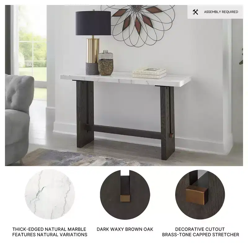 Signature Design by Ashley Burkhaus Sofa Table, Natural Marble Top, Dark Brown Oak Console for Living Room