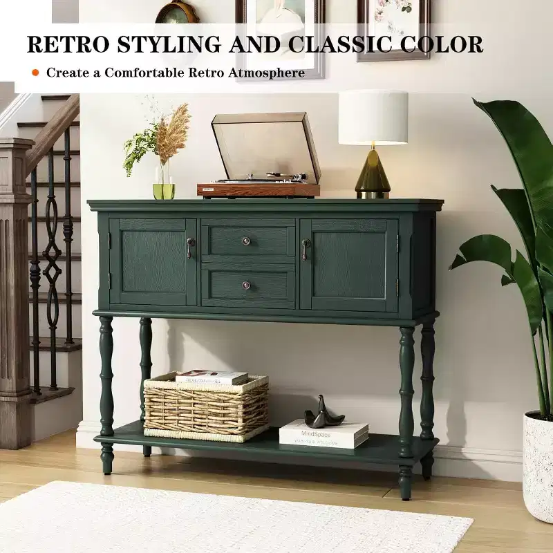 Narrow Long Retro Console Table with 2 Drawers, Cabinets & Open Storage Shelf, Sofa Table for Entryway & Living Room