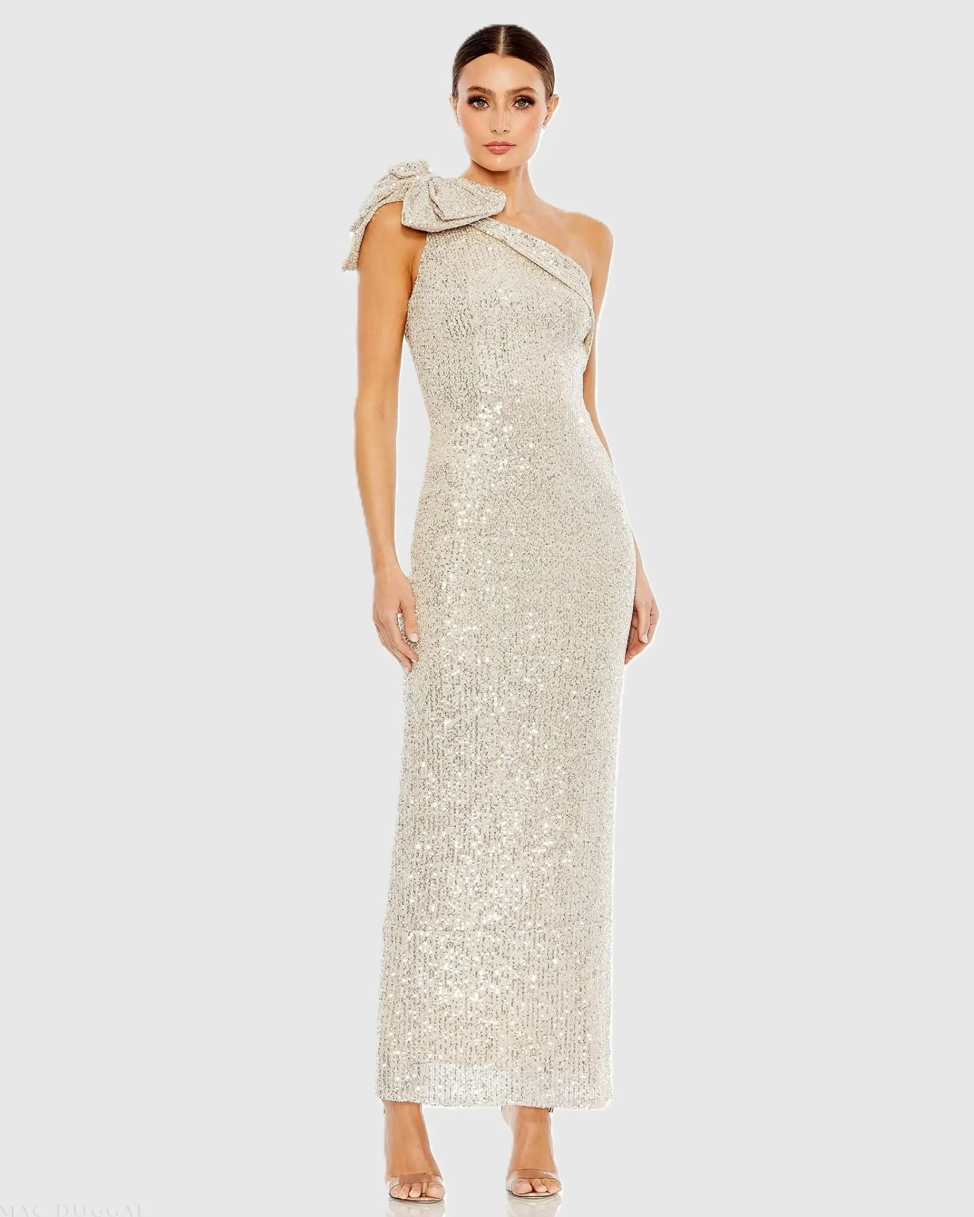 Sequined Bow One Shoulder Column Gown