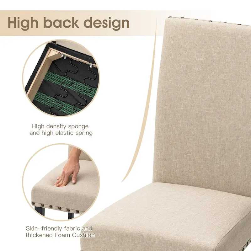 High Back Linen Fabric Dining Chairs with Nailhead Trim – Grey / Cream White / Tan